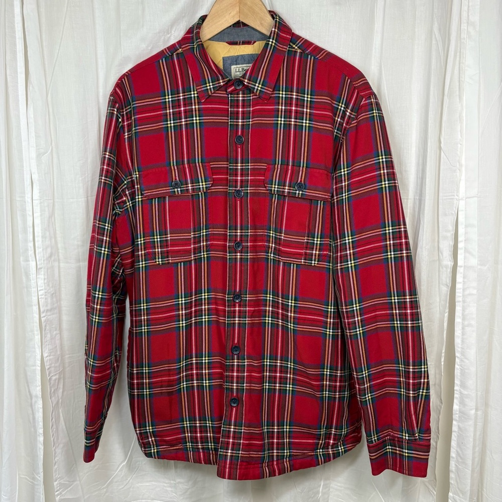 L.L. Bean Red Plaid Quilted Shirt Shacket Primaloft Size‎ M Reg Slightly Fitted